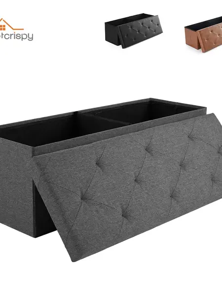 Folding Storage Ottoman Bench Modern Linen Fabric Padded Seat Large Toy Box End of Bed Entryway Comfortable Durable Multifunctional Seater