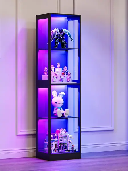 [Summerwins]VanAcc Display Cabinet with RGB Lights, 4-Tier Storage Display Case for Collectibles, Adjustable Shelves, MDF and Tempered Glass, Black
