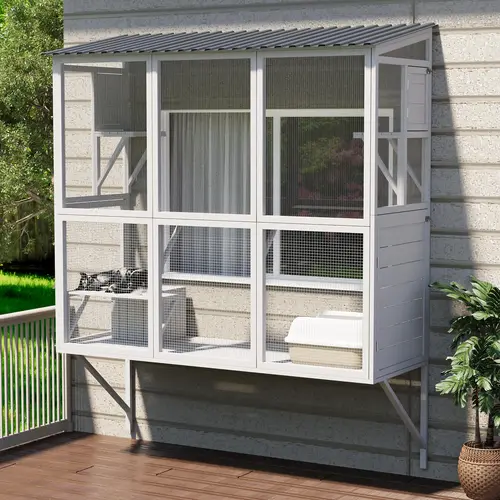Catio Outdoor Cat Enclosure with Window Access, Large Window Catio Wood Cat House with 4 Platforms & 3 Doors for Napping and Nature Viewing – All-Weather Pet Cage for Indoor Cats