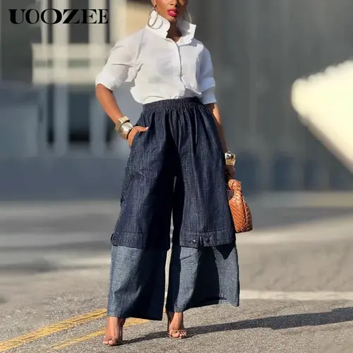 UOOZEE Women's Viscose-Cotton Mid Waist Denim Mom Jeans - Baggy, Loose-Fitting, Wide-Leg Elastic Bottoms, Straight Leg, Breathable Lightweight, Slant Pockets, Normal Type, Plain, True to Size, Denim Blue, Minimalist Casual Streetwear, Hand Wash Only