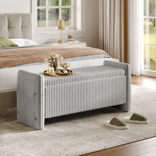 【DealsForYouDays】Pinmoco Upholstered Corduroy Storage Ottoman Bench Set - Built-in Cushioned Large Doorway Dual Purpose Furniture, Footstool for Living Room & Bedroom Comfort and Style, Built-In Storage Benches, Cushioned Storage Benches