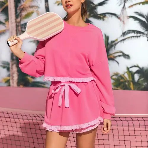 Fisoew Women's 2-Piece Sweatshirt Matching Set, Casual Color Block Loungewear with Round Neck Long Sleeve Ruffle Hem Cropped Sweatshirt & Drawstring Shorts (Sets for Women 2 Piece)