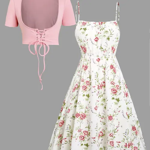 Women's Summer Dresses Floral Print Waisted Sleeveless Cami Dress And Solid Lace Up Short Sleeve Crop Top Set Fabric Fabric garden