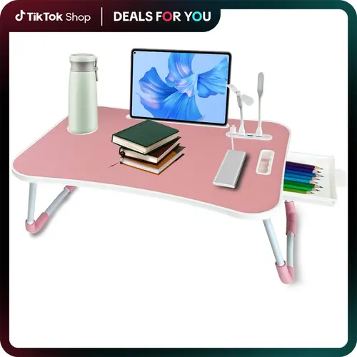 Foldable Laptop Bed Desk Tray with 4 USB Ports Portable Lap Table Tiltable Tabletop Wood Workstation Storage Drawer Cup Holder for Home Bed Couch Working Reading#Summervibes