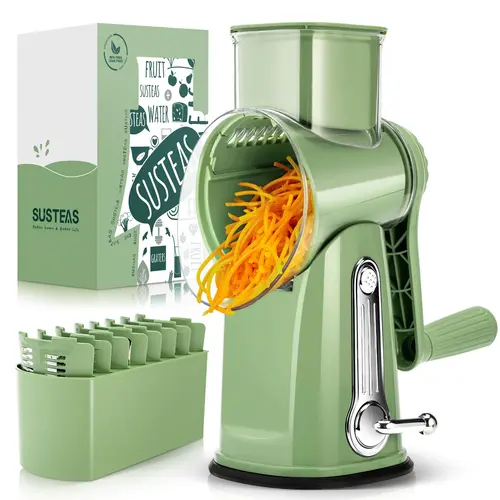 SUSTEAS 5-Blade Hand Crank Rotary Cheese Shredder & Kitchen Vegetable Slicer - Non-Slip Kitchen Utensil, Rock-Solid Suction Base, Ergonomic Handle, Stylish Retro Green, Compact Body Saves Counter Space, Fast Grating for Cheese, Veggies, Chocolate, Works F