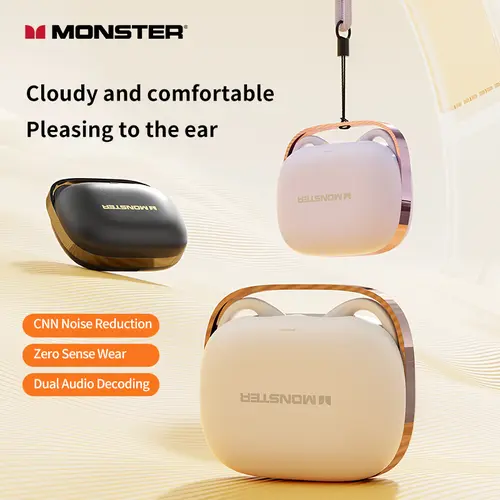 Monster AC520 Cat Ear Cordless Bluetooth 6.0 Headset - High-Quality Noise Isolating Bluetooth Headphones, AI Noise Reduction, 155H Playtime, IPX5 Waterproof Sports Earbuds, Remote Control, Gift for Men/Women, Wearable Tech