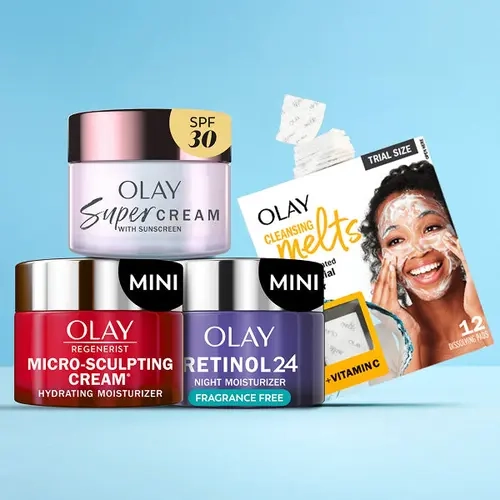 OLAY Skincare Facial Trial Size Bundle - Mini Heroes Discovery Set with Lightweight Hydrating Super Cream, Micro-sculpting Firming Cream, Retinol24 Restore Moisturizer, Daily Gentle Cleansing Melts, Dewy Radiant Sunscreen