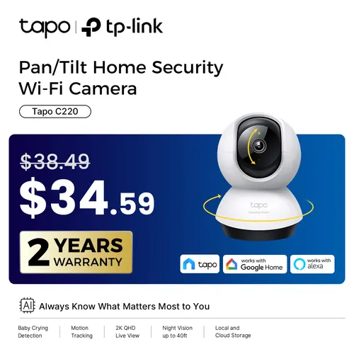 TP-Link & Tapo C220 2K Pan/Tilt Smart Security Camera – Pet & Baby Monitor with Motion Tracking, Starlight Night Vision, 2-Way Audio, 512 GB Local/Cloud Storage, Alexa & Google Home