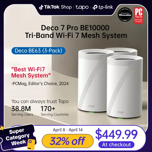 TP-Link Deco BE63 (3-Pack) Smart Tri-Band Router, Wi-Fi 7 Mesh Networking System with Deco Units, 10G Port Ecosystem, Up to 10Gbps Speed, 7600 Sq.Ft Coverage, 200+ Device Support, AI Roaming, VPN, RJ45 Ethernet Cable Compatibility