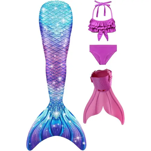 Girls' 4-Piece Mermaid Bikini Set - Safe Monofin, Fish Scales Mermaid Tail Cosplay Costume with Snaps/Zipper for Pool/Beach, Birthday Party