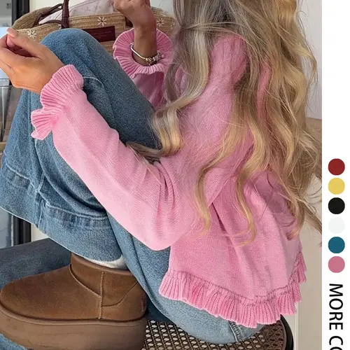 Elegant Women's Autumn & Winter Cardigan, Romantic French Style Round Neck Long Sleeve Basic Knitwear Knitting Sweater, Cute Casual Fashion Fitted Top for Ladies Womenswear