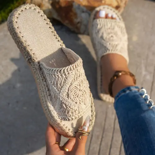 Natural Style Casual Flat Sandals, Soft Comfortable Textile Upper, Rubber Sole, Perfect for Home & Beach Walks, All Seasons Wear, Summer, Ethnic Style Sandals