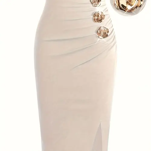 Women's Button Design Pencil Skirt, Slim Fitting Skirt, Elegant Fashion Casual Skirt for Daily Outdoor Wear, Ladies Bottoms for All Seasons, Flower Appliques Skirt