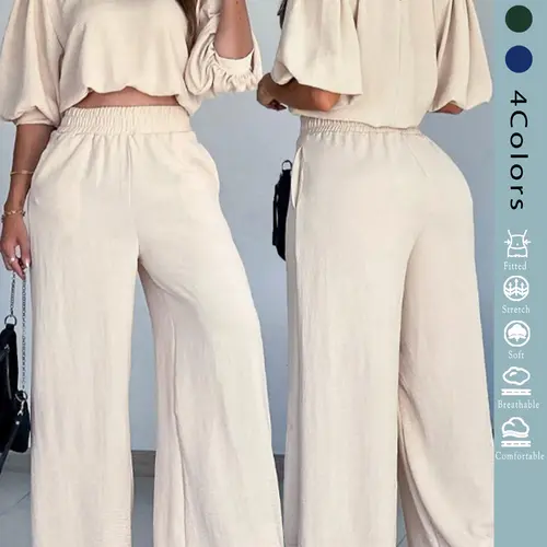 Women's Two-Piece Set, Summer Matching Sets, Loose Round Neck Half-Sleeve Top & Pants, for Summer, Street Style OOTD, Lightweight Stretchy Woven Fabric for Daily Wear & Commuting