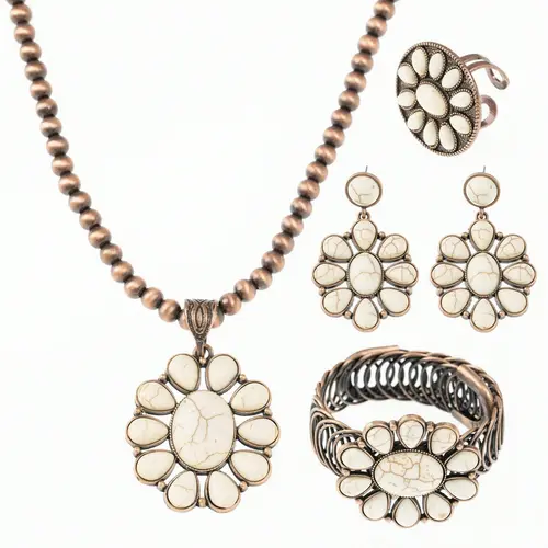 4-Piece Retro Boho Women's Jewellery Gift Set – Necklace, Earrings, Ring & Bracelet, Vintage Bronze-Tone Turquoise Teardrop Flower Pendants, Elegant Gift for Holidays & Outfits