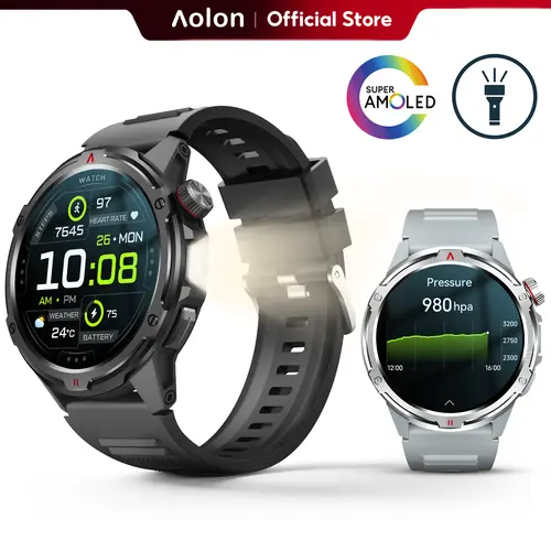 【Built-in AGPS】Aolon Tetra R4 46mm AMOLED Smart Sports Watch — LED Lights, Wireless Calling, Message Alerts, Sports Modes, Voice Assistant, Weather Updates, Stopwatch & Timer, Compatible with Android & iPhone. #travel essentials#back to school tiktokshopb