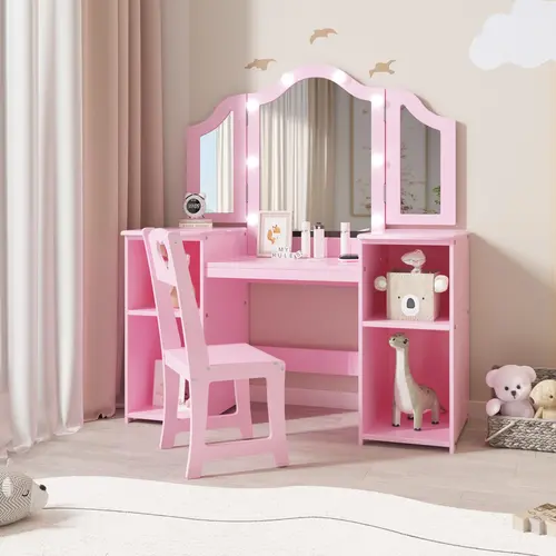 【GARVEE】Princess Vanity Table & Chair Set with 2-in-1 Design, Touch Light, Detachable Tri-Folding Mirror, Open Storage Shelves, Wood Makeup Playset, Easy Assembly, Pink