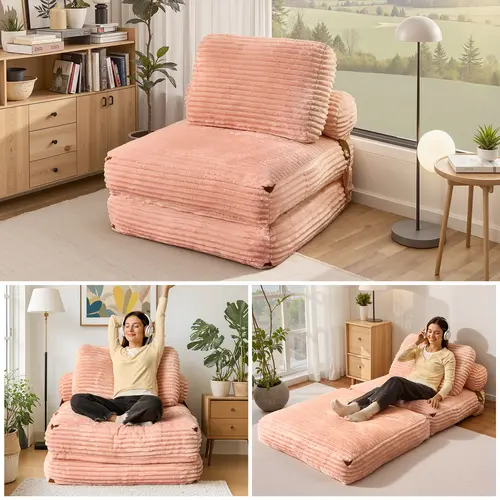 XIZZI 36" Foldable Boneless Lounge Sofa Bed, Corduroy Upholstered Sectional, Convertible Sleeper Chair with Pillow Foldable Mattress with Back Support, Portable Fold Out Chair Bed Comfy Floor Couch for Living Room Bedroom,