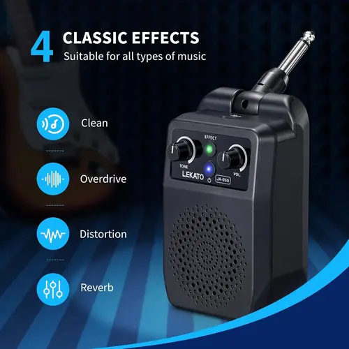 LEKATO JA-05G 5W Rechargeable Mini Electric Guitar Amp - Bluetooth, 4 Built-in Effects (Clean, Distortion, Overdrive, Reverb), 6.35mm Plug, 6 Hours Playtime, 2"x4.7"x4.7", Battery Powered, Portable Practice Accessory for Professional Guitarists