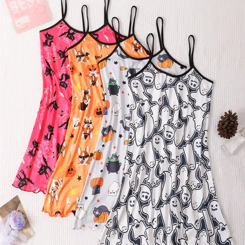 4-Piece Halloween Sexy Fitted Nightgown Set Nightdress Set Nighty Dress, Women's Lace-Up Backless Sleeveless Sleepwear Loungewear, Spooky Print Pattern, Comfortable & Stylish, Perfect for Halloween Parties