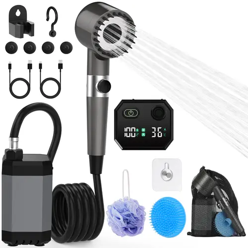 12000mAh Compact Retractable Rechargeable Portable Shower Head with LED Display (Battery Level, Water Temp Shows), Filtering Layer, Dual Mode Camping Gear for Outdoor Camping, Pet Cleaning, Travel Accessories