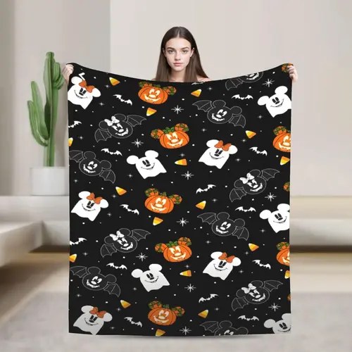 [SummerVibes] DISNEY CLASSIC Halloween Mickey and Minnie Flannel Blanket - Soft, Warm, Bat Cartoon Design, Sofa, Bed, Office, Blanket for Couch