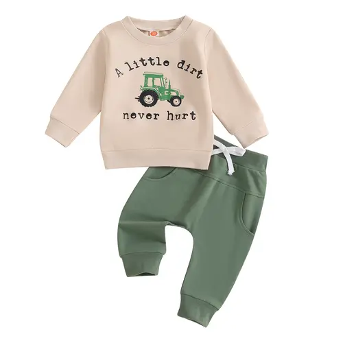 [Lullaby] Baby Boy Toddler Suit - 2-Piece Cotton Blend Crew Neck Graphic Print Long Sleeve Top, Drawstring Pocket Pants Combined Set (12-18 Months)