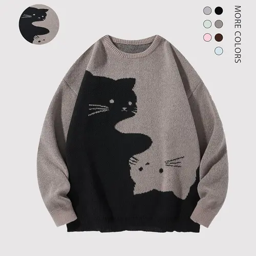 Men's Cartoon Cat Print Crew Neck Knit Pullover - Oversized Baggy Polyester Long Sleeve Top, Autumn Winter Casual College-Style Wear, Boyfriend Birthday Gift to Match Jeans