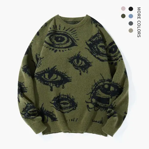 Men's Simple Detailed Full-Length Graphic Knit Pullover - Round Neck, Regular Fit Polyester Streetwear Clothing, Casual Fall & Winter Daily Wear, Stylish Eye Print Top for Classic Jeans, Ideal Mens Gifts (Grey)