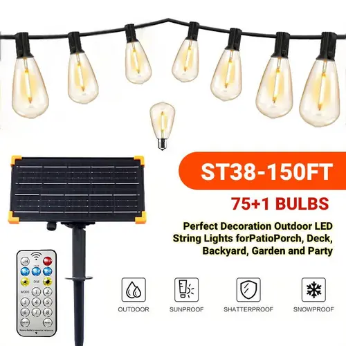 【  DAYBETTER  】150FT Solar String Lights,   Waterproof & Shatterproof, 8 Modes with Dusk to Dawn and Dimmable,   Remote Control Receiver Outdoor, Great for Patio, Porch, or Garden