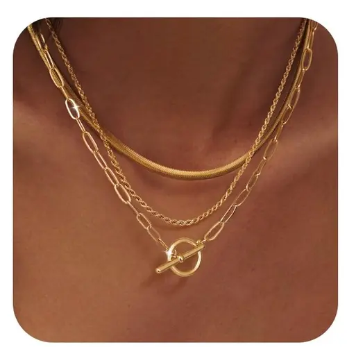 Loyalove 14K Gold Plated Layered Toggle Necklaces for Women: Dainty Gold Link Chain Necklaces Paperclip Cuban Rope Adjustable Choker T Bar Toggle Clasp Chunky Necklace for Women Trendy Jewelry