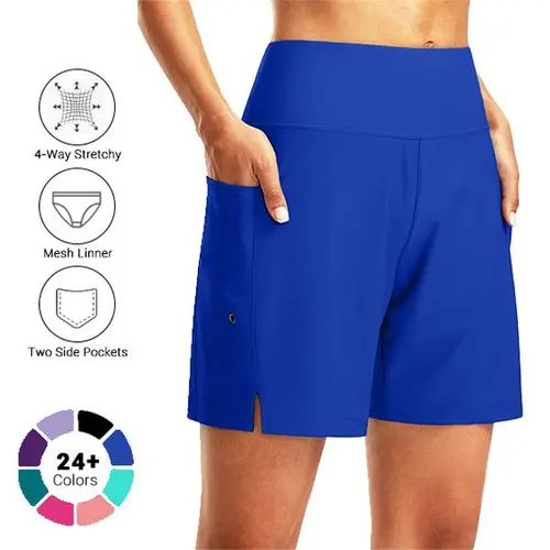 G GRADUAL Women's 7" High Waisted Swim Shorts, Quick Dry Nylon Board Shorts with Tummy Control, Built-in Liner & Pockets, Elastic Waistband, Breathable, UPF 50+, Machine Washable for Beach Water Sports