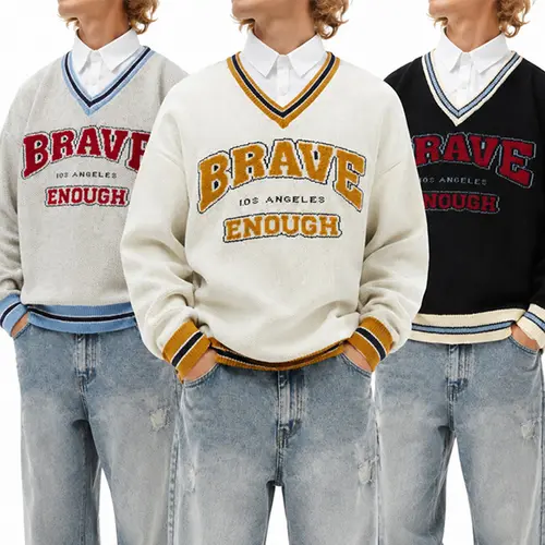 Men's 2-Piece Retro Striped Preppy Mock V-Collar Knit Sweater Set - Loose Casual Full-Sleeve Jumper, Letter-Print Seasonal Base Top, Button-Adorned, Full-Length, Long, Medium-Length, Multi-Size Men's Pullover, Button-Adorned Men's Pullover