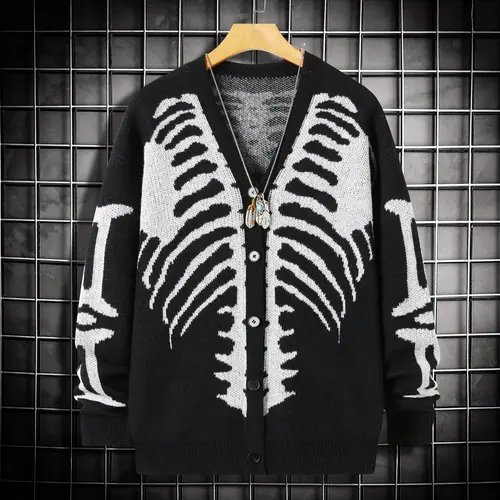 Men's Skeleton Print Button-Front Knitwear Top - Long Sleeve V-Neck, Loose Drop-Shoulder Regular Fit, Soft Menswear Pullover, Spooky Men's Cardigan, Multi-Size, Casual Halloween Fall Wear
