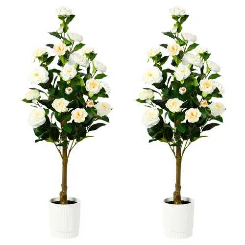 SHareconn 2-Pack 40-49in Decorative Artificial Silk Camellia Trees, Prune-Free Ever-Fresh Color Plants with Realistic Trunk & Blooms, Low-Maintenance Indoor Home Decor for Living Room