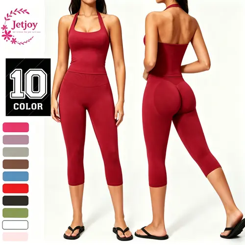 Jetjoy Women's Nylon Seamless 2-Piece Workout Set - Halter Neck Sports Bra, Hidden Scrunch Butt Lift Leggings, Sporty Chic Yoga Gym Outfit, Summer Sets for Women 2 Piece
