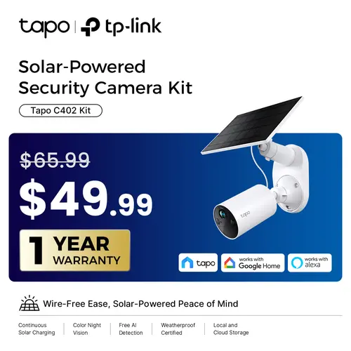 TP-Link & Tapo C402 Kit Solar-Powered Outdoor Security Camera,180-Day Battery OR Forever Solar!  | 1080P Color Night Vision | Free Person Detection | No Hub Needed | Alexa & Google Compatible