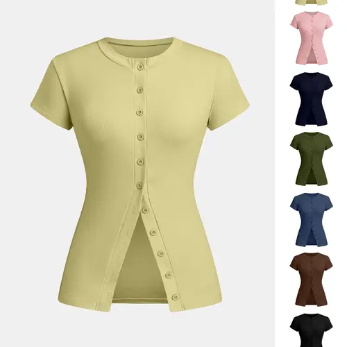 Women's round neck casual solid color button short sleeve top basic style Blouse