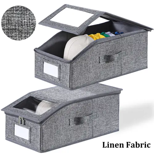 Linen Fabric Hat Storage Organizer Bin for closet, Holds 12 Caps, Drawstring, Transparent Window, Dustproof Storage, Durable Cardboard, Holds Up to 24 Baseball Caps, 16.93"l x 9.06"w x 7.56"h, ADHD Home Organizer