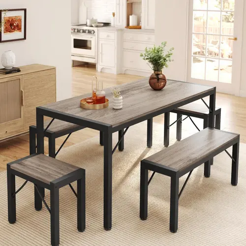 Gizoon 63" Dining Table Set for 6, Kitchen Table w/Bench & Stools Grey | Space-saving grey 5-piece dining set includes 63" table, 2 benches & 2 stools. Sturdy metal frame holds 550lbs per seat.