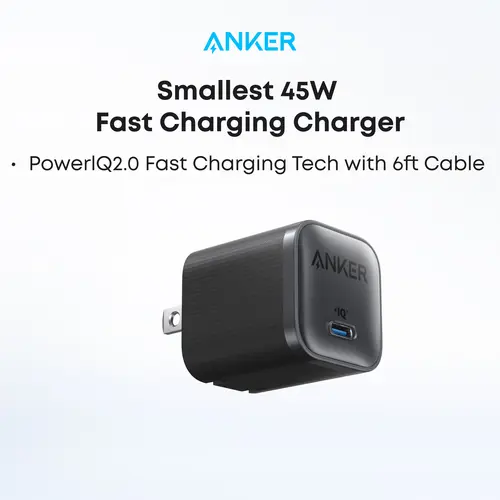 Anker Nano 45W Charger with 6 ft USB-C Cable, Compact Foldable Plug, Phone Accessories, Portable Solution, Compatible with iPhone 17/16 Series, iPad, Pixel 9, Galaxy S25 Ultra/S24 & More, Manufacturer Warranty, Cellphone, Electronic