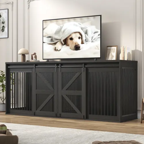 Farmhouse Dog Crate TV Stand - Wooden Crates Enclosure Home Decor, Iron Sliding Mesh Barn Doors, Large Furniture with Solid Metal Tube & Lockable Doors for Pets, Sliding Doors