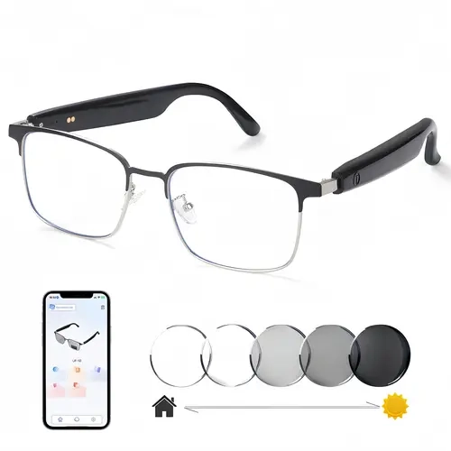 Wireless Audio Casual Smart Glasses for Unisex Adults - Durable USB-Enabled, Minimalist Modern Neutral Style, Color-Changing Bluetooth, Non-Prescription Photochromic Lenses, Lightweight Metal Frame, Multi-Function Downloadable APP, Integrated Music Player