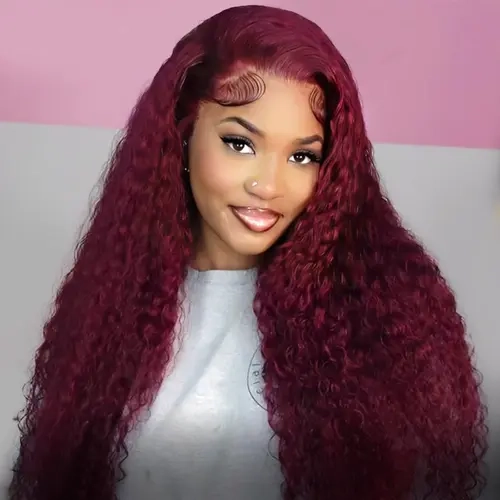 West Kiss Deep Wave Cherry Cola Red Color 13x4 Lace Frontal Glueless Wig Right Side Part Wig Human Hair Pre Cut Pre Plucked Friendly For Women