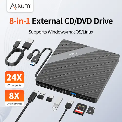 ALXUM 7in1 Retro CD Player, Portable CD/DVD Burner USB 3.0 & Type-C,External DVD Drive for Laptop and Desktop PC, Compatible with Windows 11/10/8/7 and Linux, Optical Drive, Data Transfer, USB Cable
