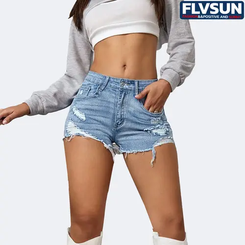 Flvsun Women's High-Waist Ripped Denim Shorts - Stretchy Fitted Skinny Bottoms with 5 Pockets, Raw Hem, Fringe, Stylish Women's Wear for Holiday, Party, College Girl Outfits