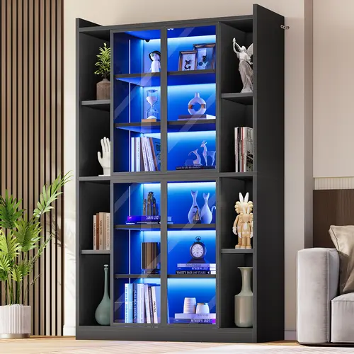 Sedeta 64-Inch Modern Wood Freestanding Functional Glass Curio Cabinet - 6-Tier Living Room Display Shelf with Acrylic Doors, LED Lights, Adjustable Shelves, Easy Setup, Storage Furniture, Living Room Decor, 29 Flash Modes, Music-Sync Glow