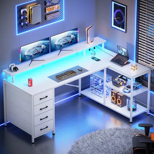Sedeta 47.2-Inch Modern L-Shaped Wood-Metal Computer Office Desk - Easy-Assembly Commercial Office Furniture with Metal Frame, 4 Drawers, Storage Shelves, LED Lights, Power Outlets for Large Spaces, Student Learning & Gaming Use, Student Learning Desk