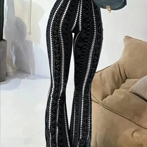 Women's Geometric Print High Waist Flared-Leg Knit Fitted Medium Pants, Summer Casual Comfy Chic Trousers for Daily Wear, Ladies Bottoms for All Seasons, Womenswear