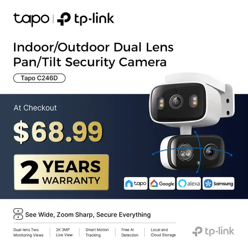 TP-Link & Tapo C246D HybridCam Duo 2K Dual Lens Pan/Tilt Indoor/Outdoor Security Camera with Wide Angle & Telephoto Lenses, Local & Cloud Storage, 360° Patrol, Custom Privacy Zones, Two-Way Audio, IP65 Weather Resistant  #SummerWins #DealsForYouDays